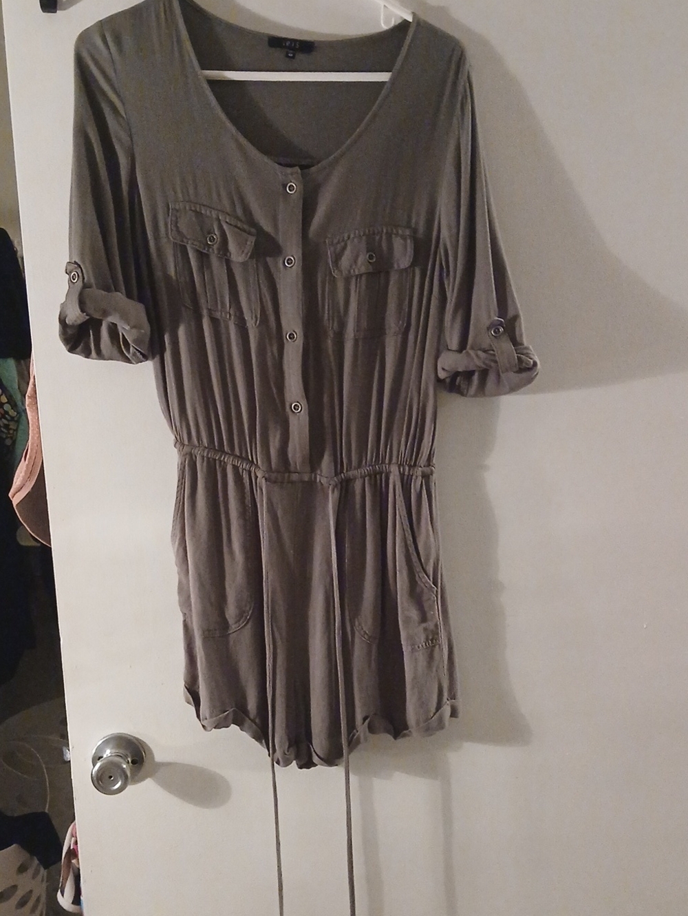 IRIS Olive Green Button-Front Romper With Button Up Sleeves